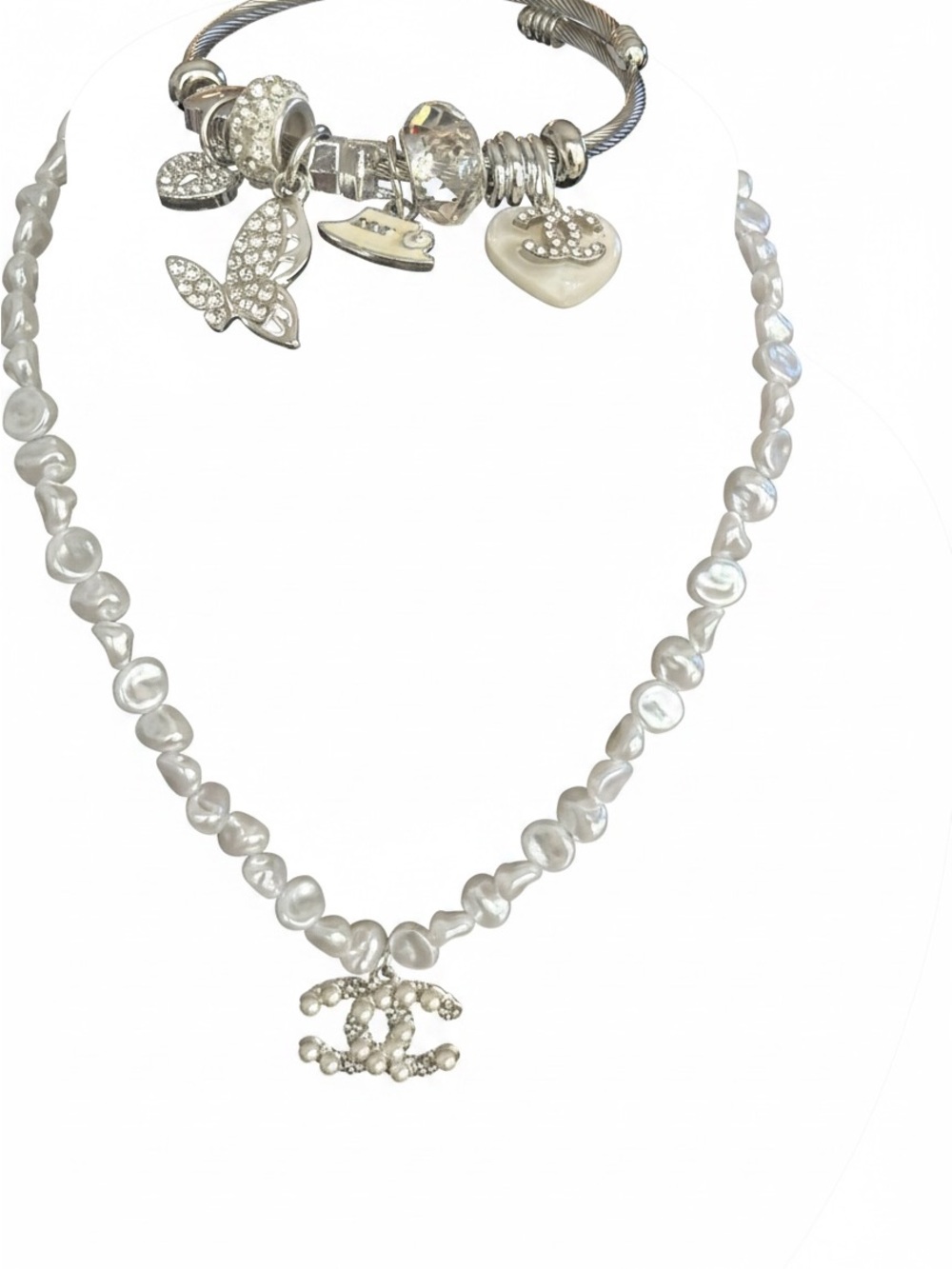 Pearl Necklace with Crystal CC Pendant - White